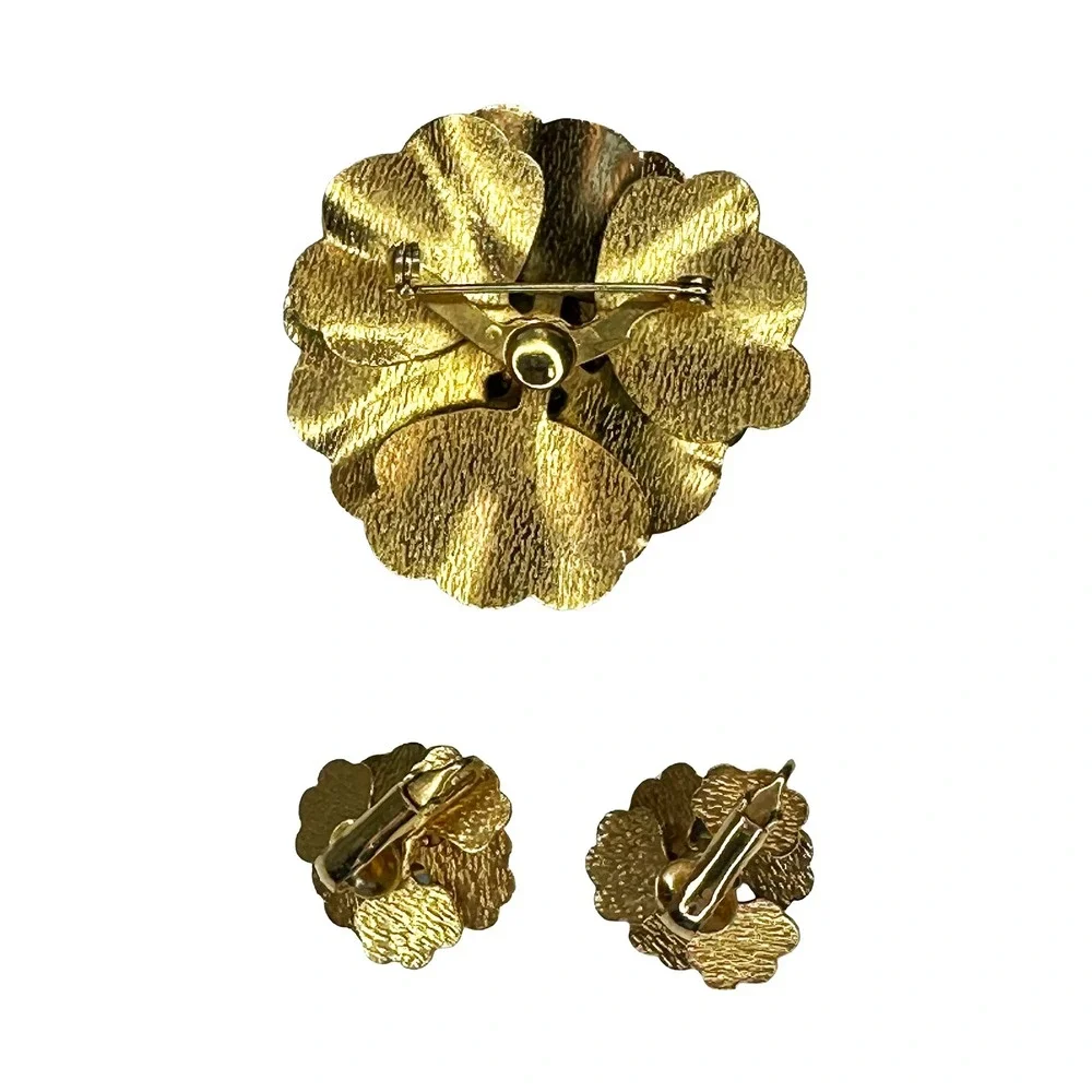 VINTAGE Enamel Flower Brooch & Clip-on Earrings Set • blue, pink, green